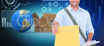 Composite 3d image of delivery man with clipboard asking for signature