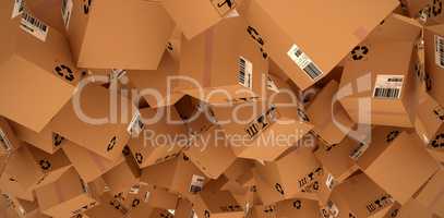 Composite image of 3d image of brown cardboard courier boxes