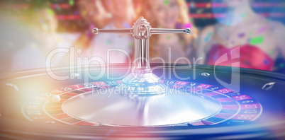 Composite 3d image of group of friends posing in bar