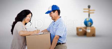 Composite image of woman signing for a package