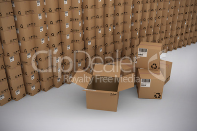 Composite image of stack of brown cardboard boxes