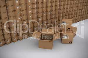 Composite image of stack of brown cardboard boxes