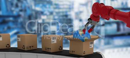 Composite 3d image of low angle view of red robot arm with black claw
