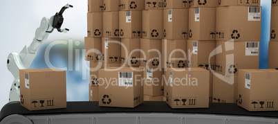 Composite image of 3d production line by stack of brown cardboard boxes
