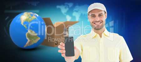 Composite 3d image of handsome delivery man showing mobile phone