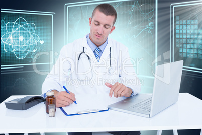 Composite 3d image of male doctor writing while sitting by desk