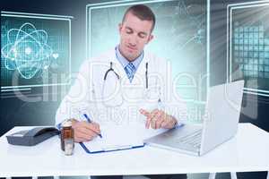 Composite 3d image of male doctor writing while sitting by desk
