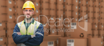 Composite image of manual worker wearing hardhat and eyewear