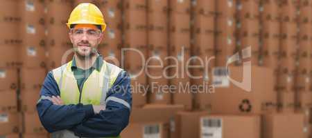 Composite image of manual worker wearing hardhat and eyewear