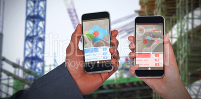 Composite 3d image of cropped hands of man and woman holding mobile phones