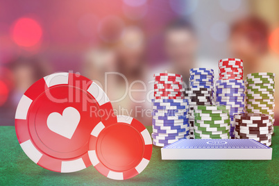 Composite image of vector 3d image of red casino token with hearts symbol