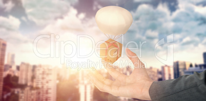 Composite 3d image of businesswoman hand gesturing against white background