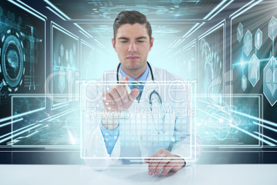 Composite 3d image of doctor using digital tablet against white background