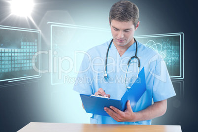 Composite 3d image of handsome surgeon writing on clipboard