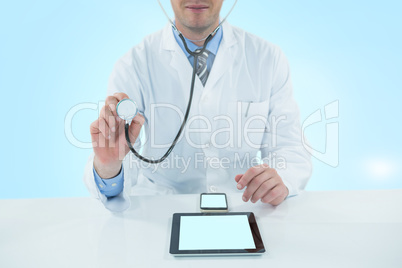 Composite 3d image of doctor examining with stethscope
