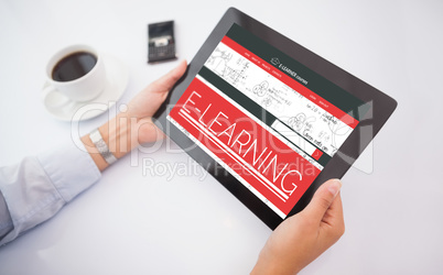 Composite 3d image of man using tablet pc