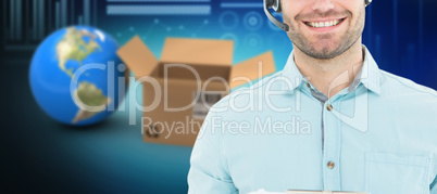 Composite 3d image of hhappy male courier man wearing headset