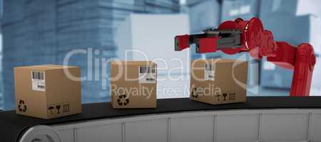 Composite image of cardboard boxes on 3d production line