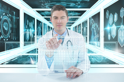 Composite 3d image of doctor using digital tablet against white background