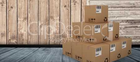 Composite 3d image of heap of packed cardboard boxes