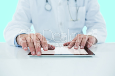 Composite 3d image of doctor using digital tablet against white background