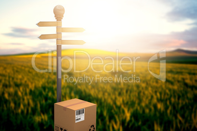 Composite image of courier with road sign