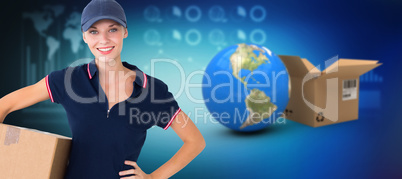 Composite 3d image of happy delivery woman holding cardboard box