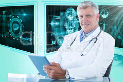 Composite 3d image of portrait of confident male doctor using digital tablet