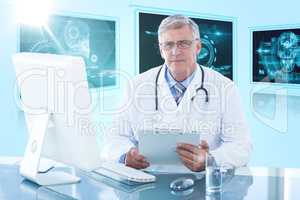 Composite 3d image of portrait of confident male doctor sitting at computer desk