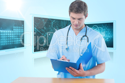 Composite 3d image of handsome surgeon writing on clipboard