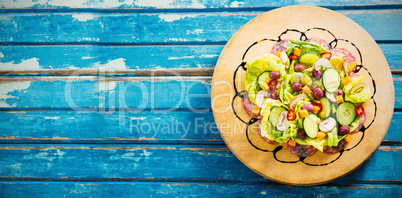 Fresh food on blue wooden table