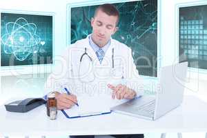 Composite 3d image of male doctor writing while sitting by desk