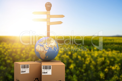 Composite image of courier and globe by road sign