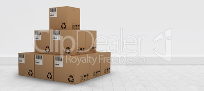 Composite 3d image of pile of brown packed cardboard boxes