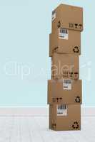 Composite image of heap of cardboard boxes on white background