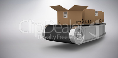 Composite 3d image of brown cardboard boxes on digitally generated production line