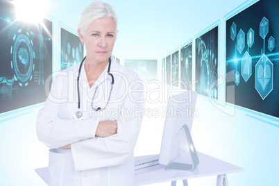Composite 3d image of portrait of confident female doctor standing by desk