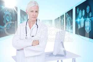 Composite 3d image of portrait of confident female doctor standing by desk