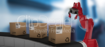 Composite image of brown cardboard boxes on 3d production line