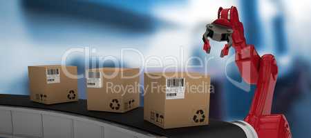 Composite image of brown cardboard boxes on 3d production line