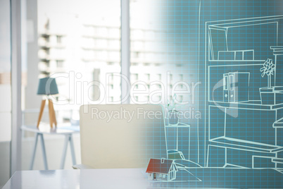 Composite 3d image of illustration of house model on desk