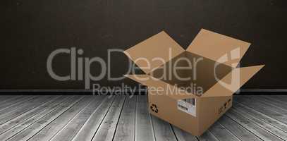 Composite image of 3d image of open brown cardboard box