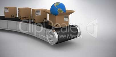 Composite image of brown cardboard boxes with globe on 3d conveyor belt