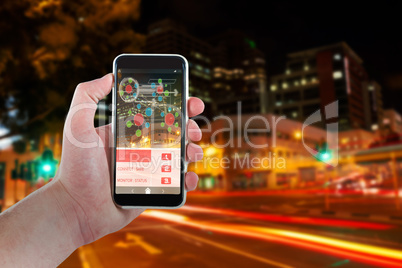 Composite 3d image of cropped hand holding mobile phone
