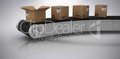 Composite 3d image of brown cardboard boxes on production line