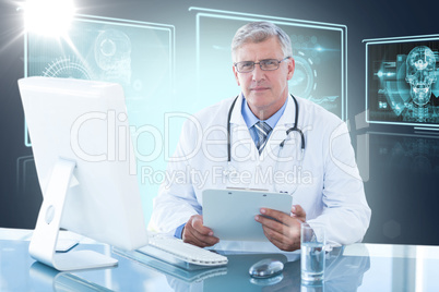 Composite 3d image of portrait of confident male doctor sitting at computer desk