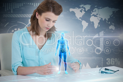 Composite 3d image of businesswoman sitting on chair and gesturing