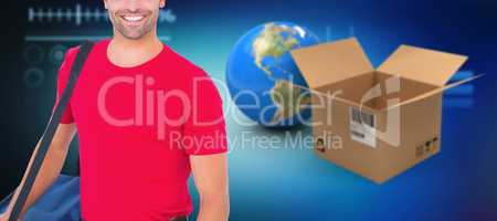 Composite 3d image of pizza delivery man holding bag
