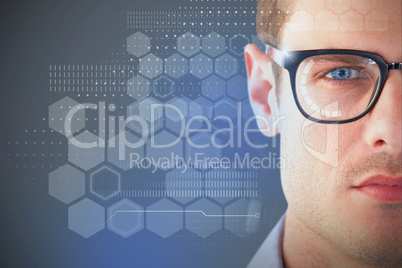 Composite 3d image of close up of young man wearing eyeglasses