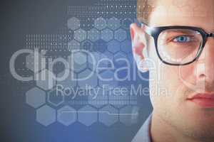 Composite 3d image of close up of young man wearing eyeglasses